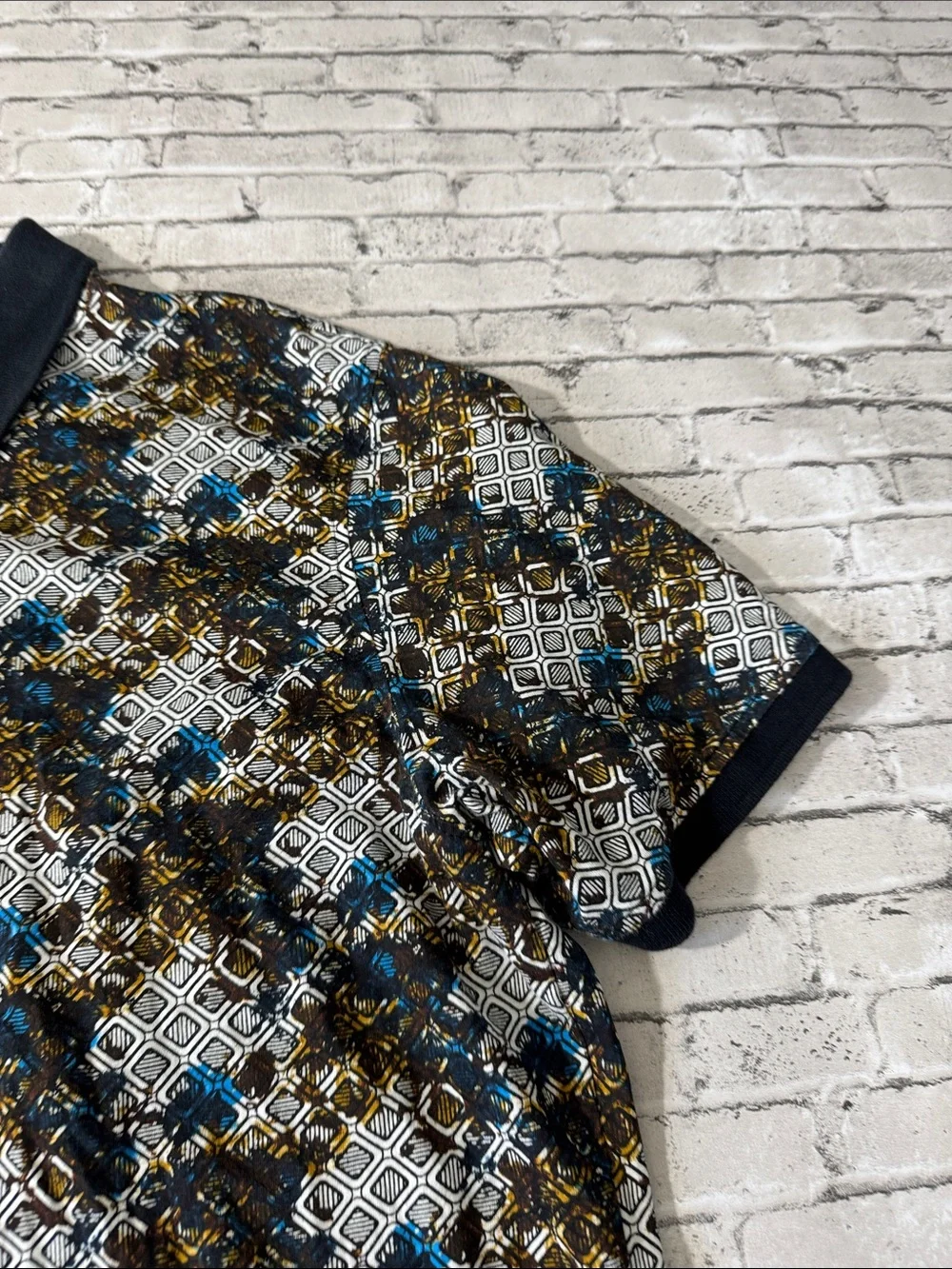 Robert Graham mens XL blue brown geometric cam cotton knit polo shirt EUC